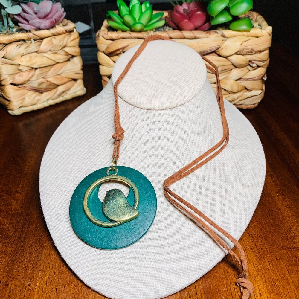 Brass Bird and Hunter Green Wooden Disc Pendant on 30” Brown Suede Cord